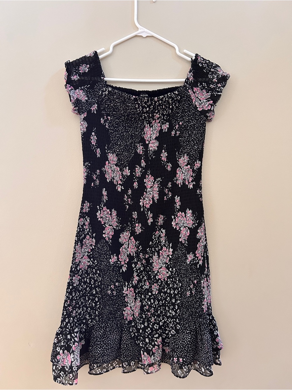 Aqua Black Dress with Pink Floral Print